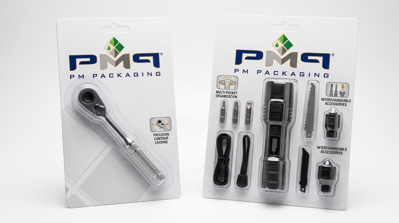 Custom thermoformed blister cards demonstrating precision cavity orientation locking and multi-pocket kit organization