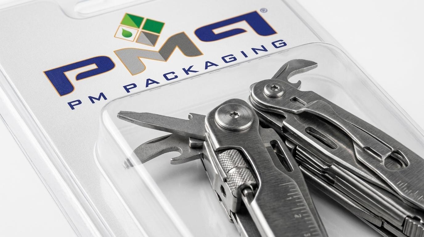 Commercial macro photograph of optically clear thermoformed blister packaging showing glare control over a precision hand tool