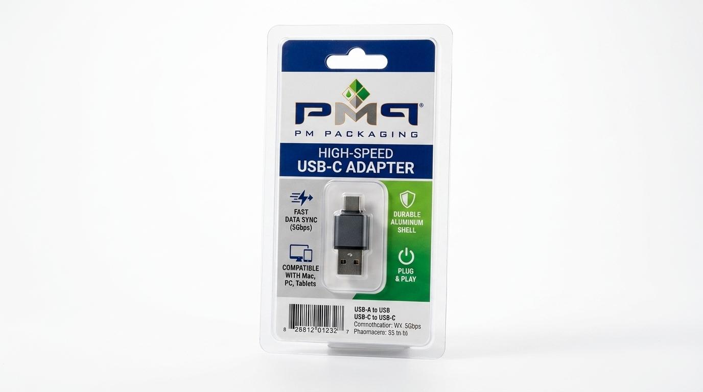 Commercial blister card for a compact adapter showing generous branding space around a snug thermoformed cavity