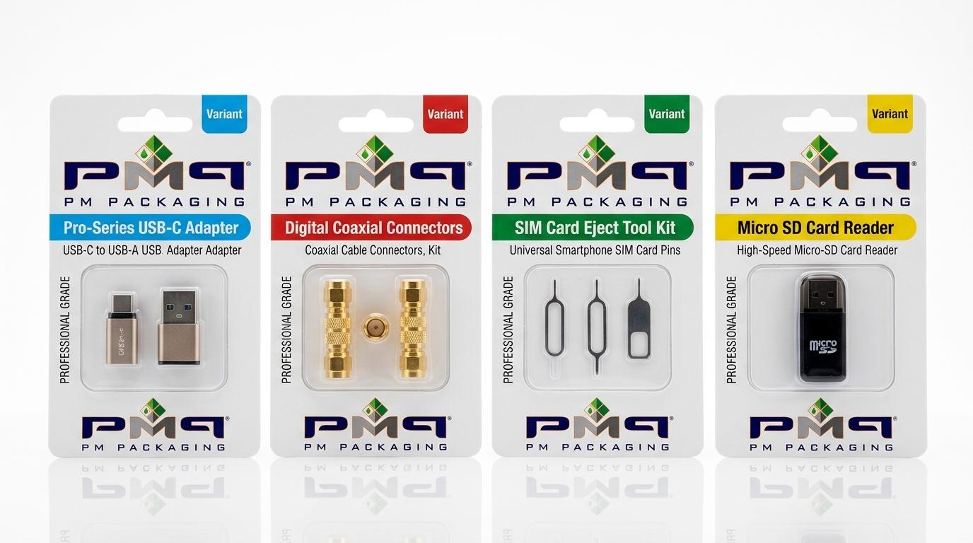 Lineup of retail blister cards sharing standardized dimensions and color-coded headers creating a brand block