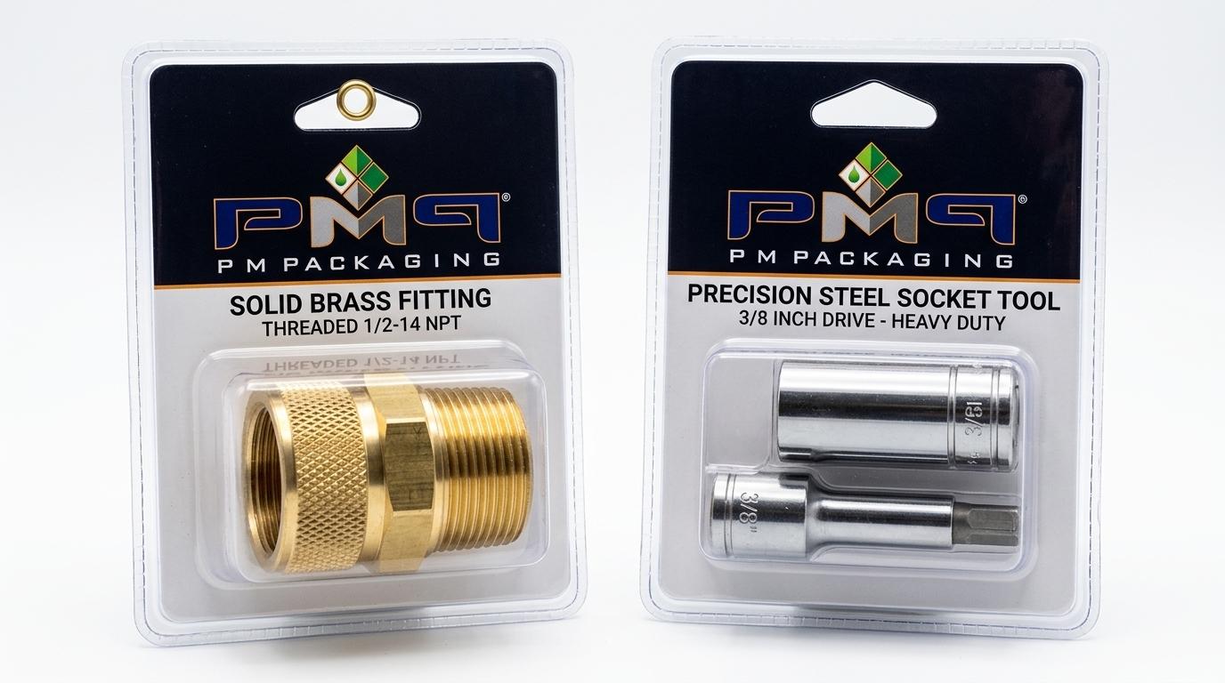 Blister cards for heavy small hardware showing reinforced hang holes and vertical balance