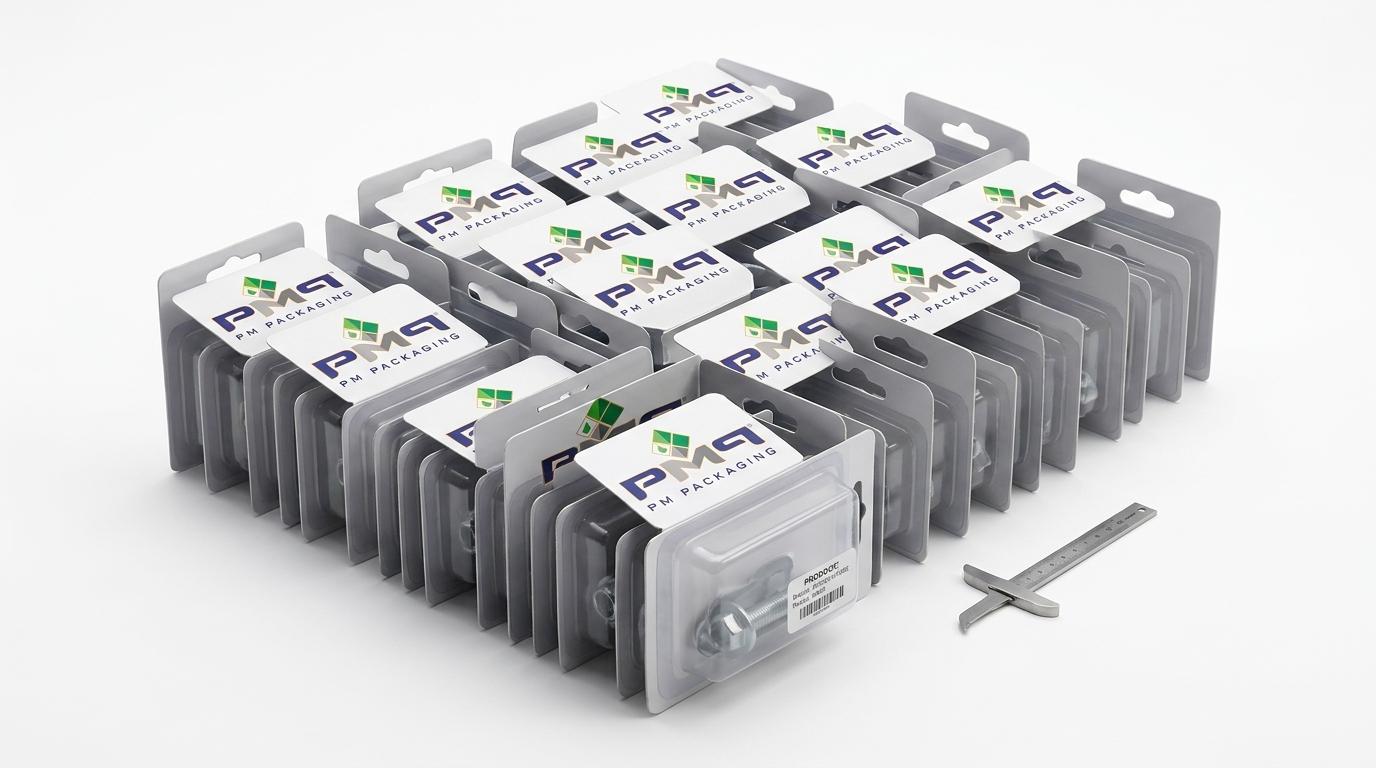 Commercial studio product photography showcasing alternating head-to-foot blister card nesting for master carton pack-out cubing density