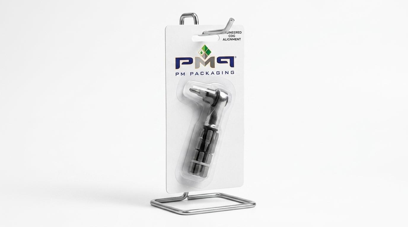 Studio photograph showing precision hanging balance of an asymmetric tool on a blister card with engineered center-of-gravity hang hole