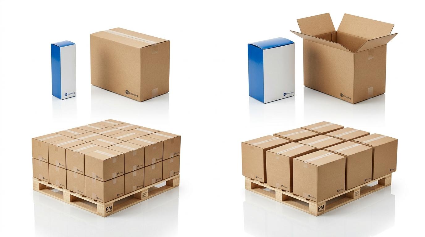 Comparison of packaging dimensions cascading from folding carton to master case and pallet stacking density