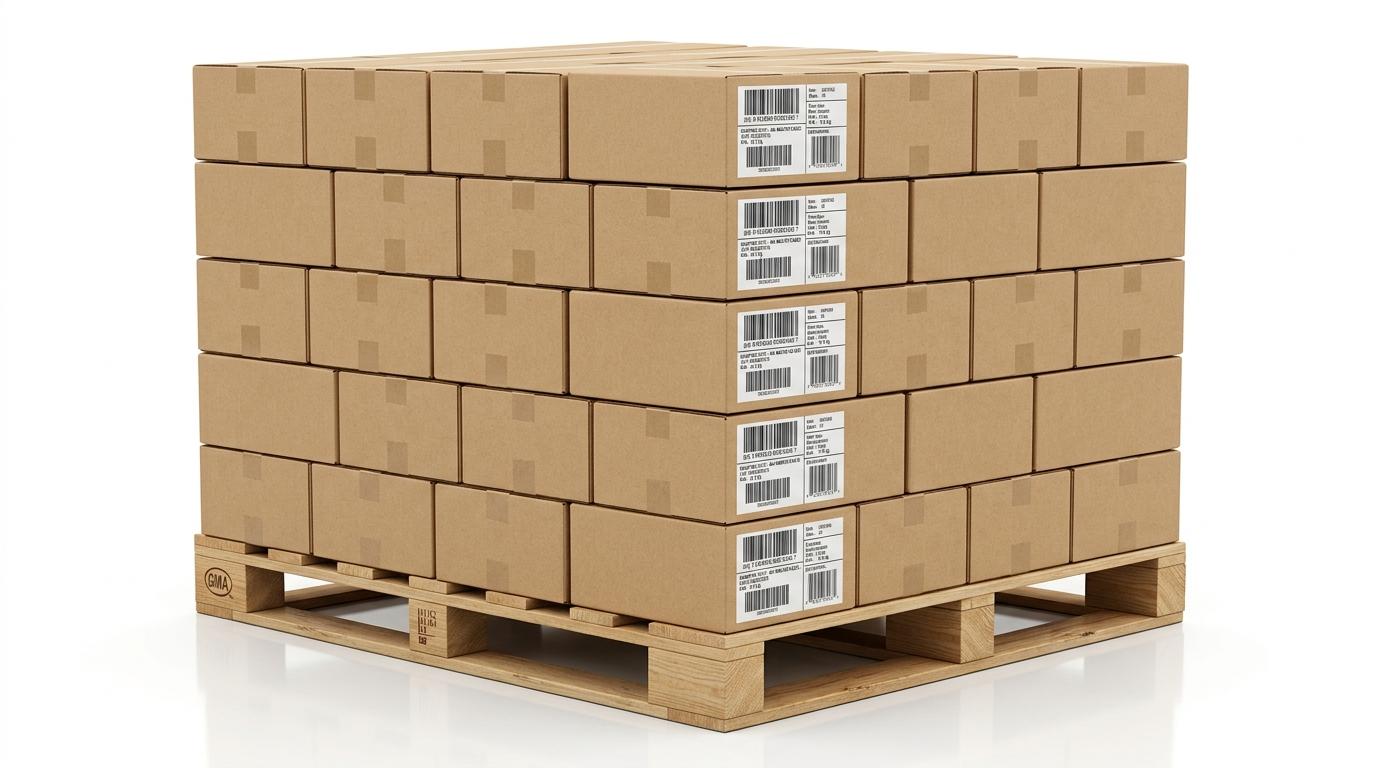Engineered interlocking pallet cube stacking pattern on GMA pallet demonstrating zero overhang and corner label visibility