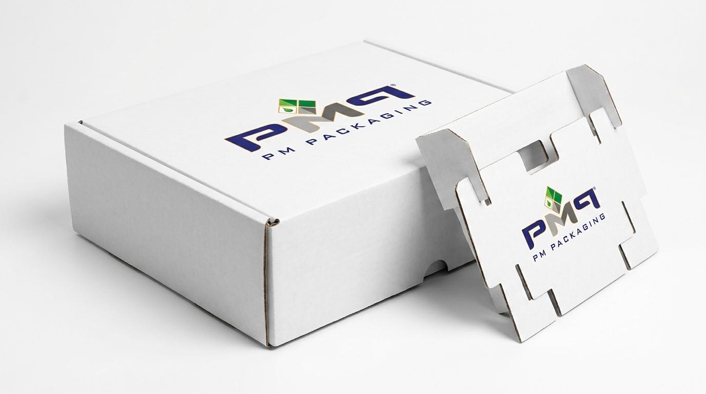 Commercial studio product photography showcasing an SFL mailer box with rigid 90-degree corners and custom internal partition insert