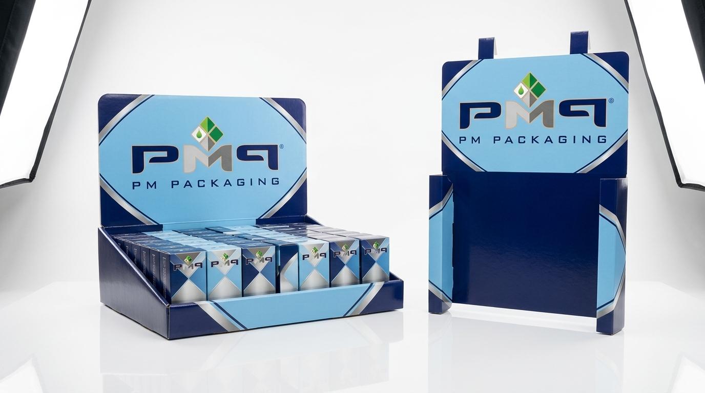 Commercial studio presentation of an SFL countertop PDQ display tray and matching sidekick power wing display