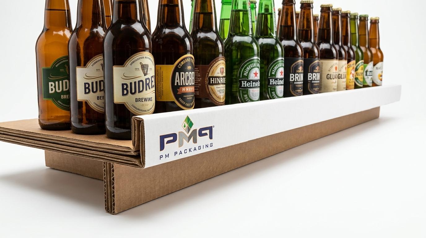 Commercial studio close-up of heavy-duty SFL display shelf with double-rolled front lip and underlying fluted support strut loaded with bottles