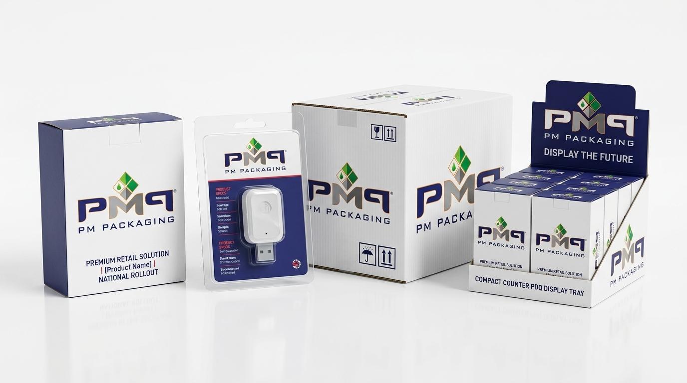 Integrated national retail packaging rollout suite featuring folding cartons, blister card, microflute shipper and PDQ tray by PM Packaging