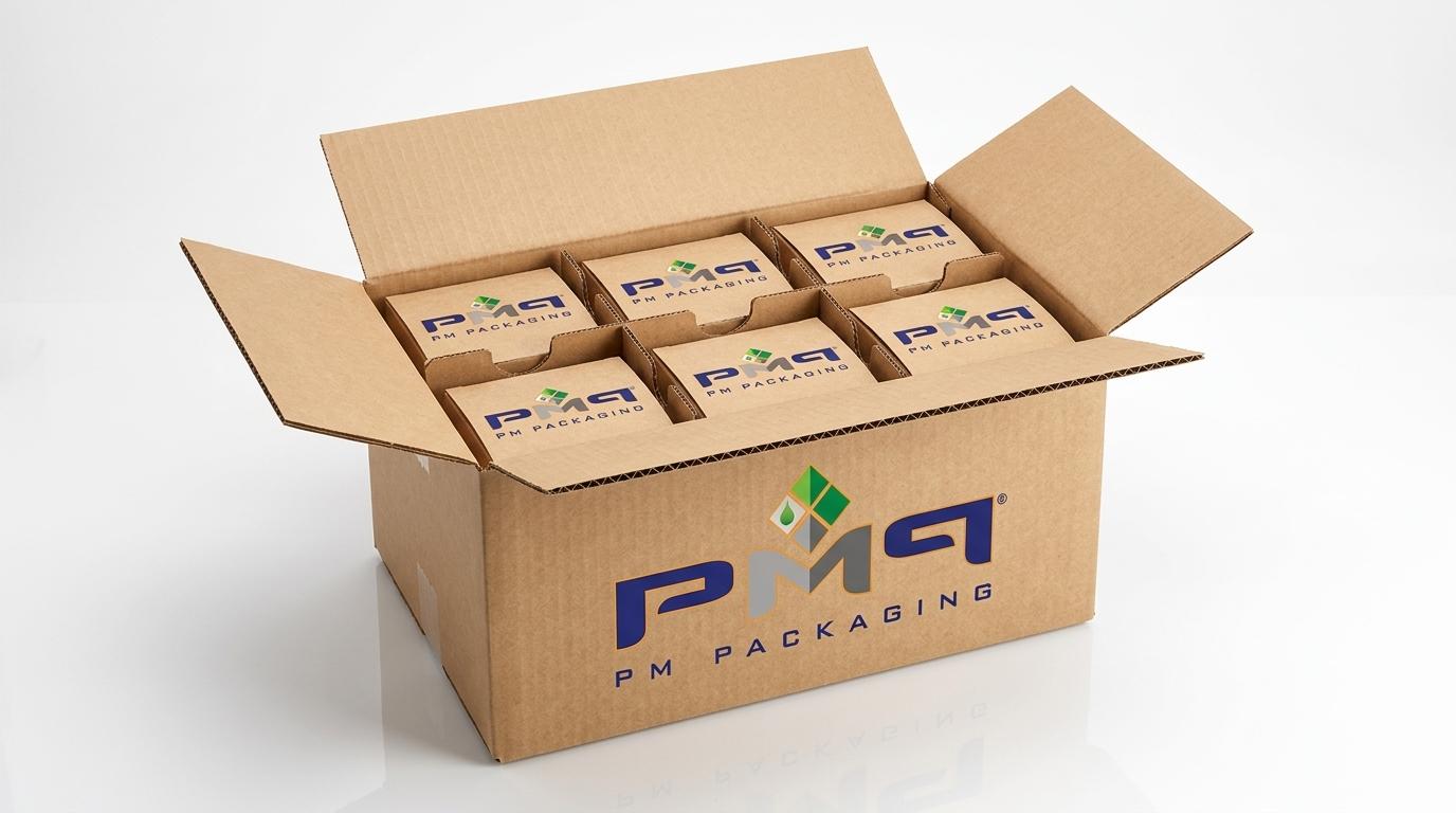 Coordinated packaging system showing open corrugated master shipper with internal die-cut partition inserts and nested primary cartons by PM Packaging