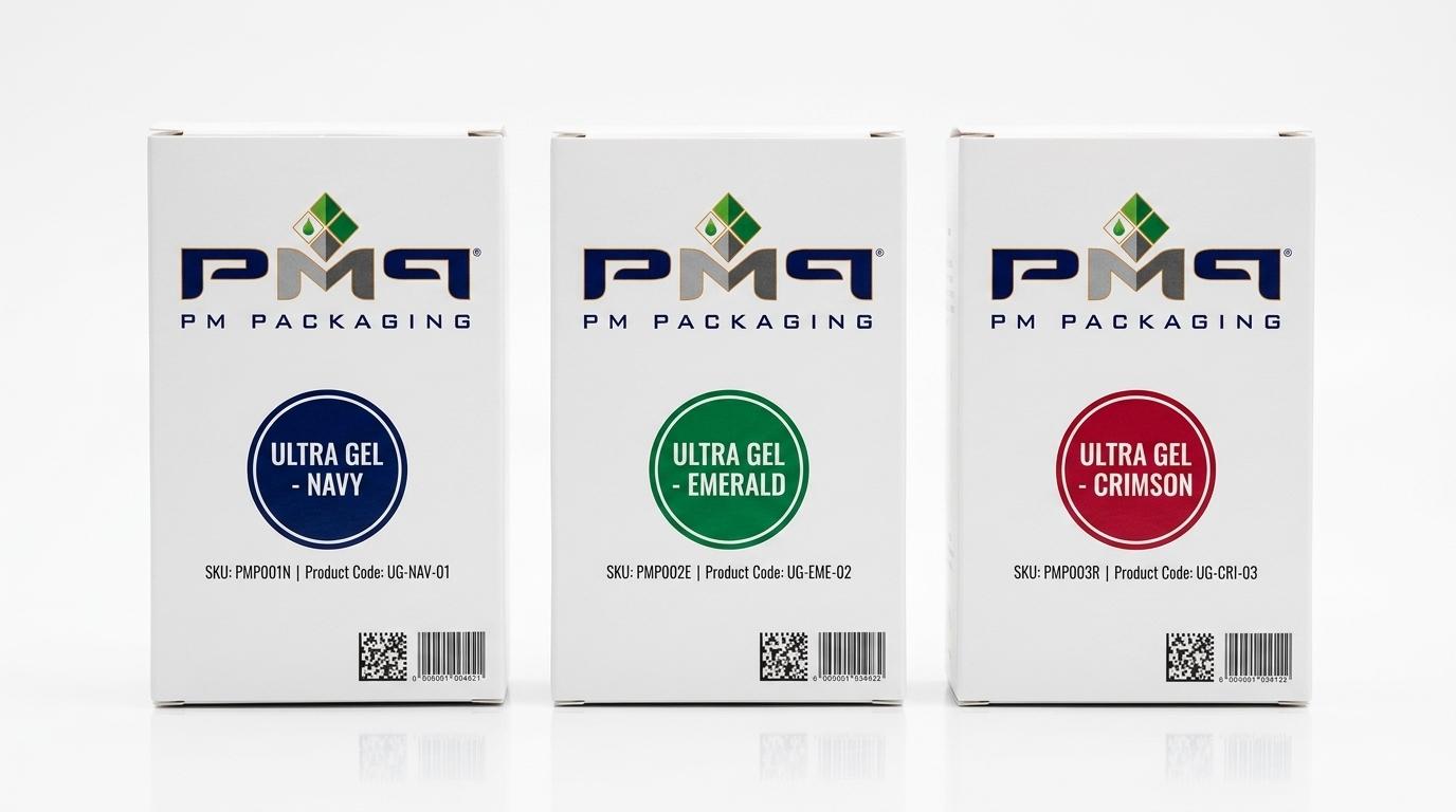 Multi-SKU folding carton product family demonstrating version control discipline with distinct color badges, item numbers and GS1 barcodes by PM Packaging