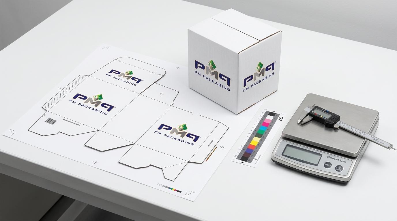 Commercial studio packaging inspection showing flat die-cut folding carton blank, G7 color calibration strip, caliper and master carton