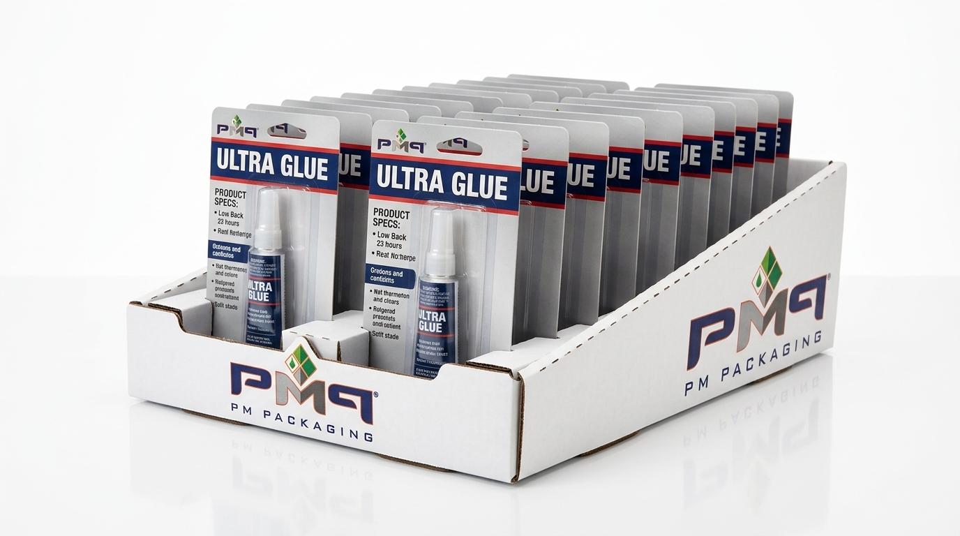Counter PDQ display tray showing calibrated front lip clearance, side guide rails and lean-back rake angle holding blister cards by PM Packaging