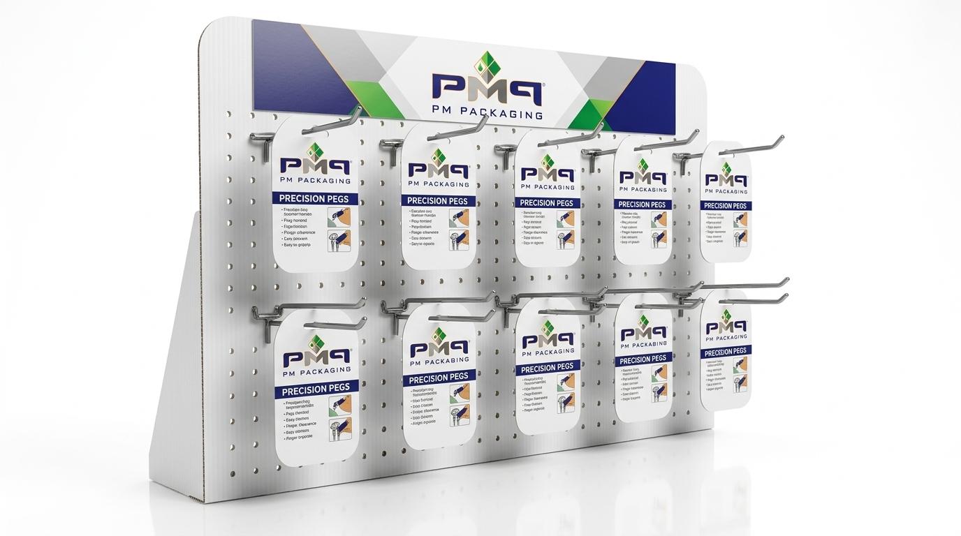 Corrugated pegboard display panel showing horizontal finger clearance and vertical lift clearance for blister cards by PM Packaging