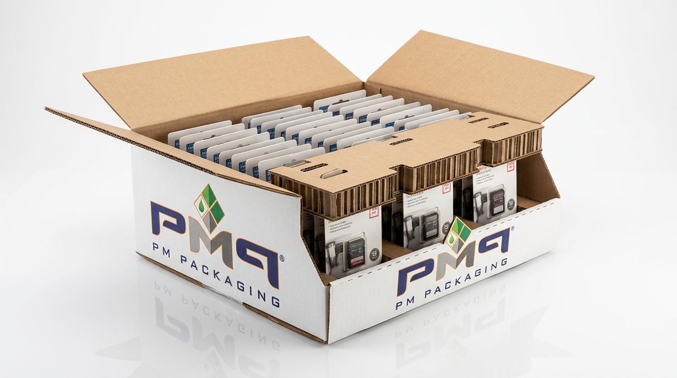 Prepacked retail display shipper showing custom die-cut corrugated transit locking bar holding blister cards secure in master carton by PM Packaging