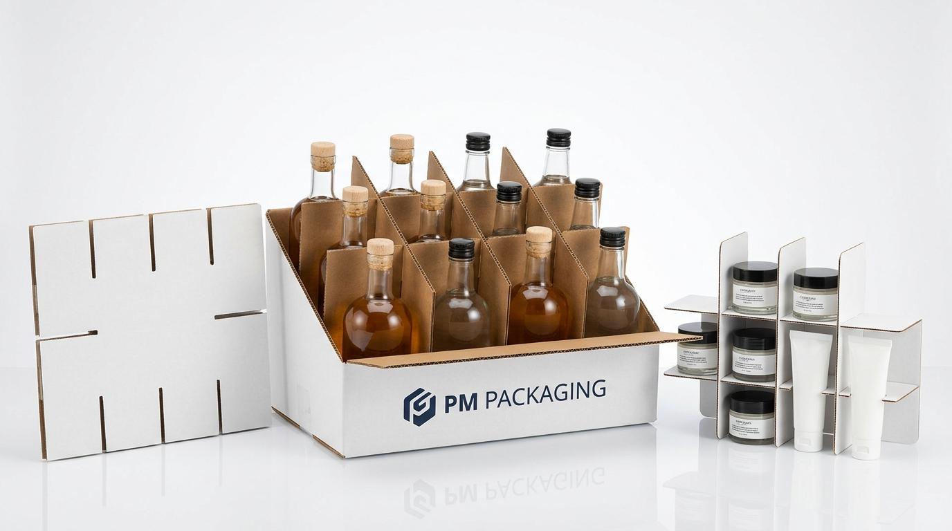 Multi-cell slotted corrugated box partition grid and paperboard dividers holding glass bottles and cosmetic jars