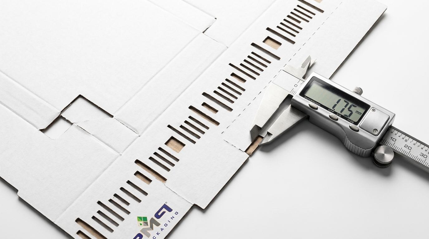 Macro precision inspection of paperboard dieline sheets showing laser-cut perforation cut-to-tie ratios and calipers