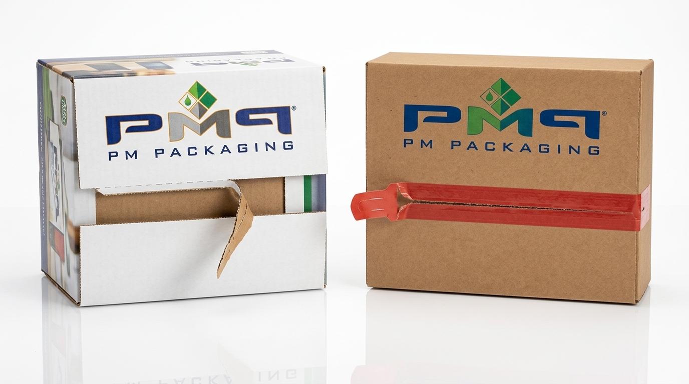 Comparison of an engineered zipper perforation track on a retail-ready carton next to a reinforced tear-strip tape on a shipping box