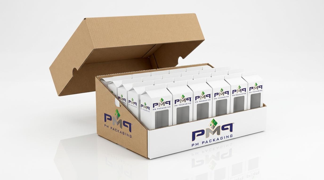 A shelf-ready corrugated shipper where the upper protective hood is cleanly removed along a perforation line, revealing the branded display tray