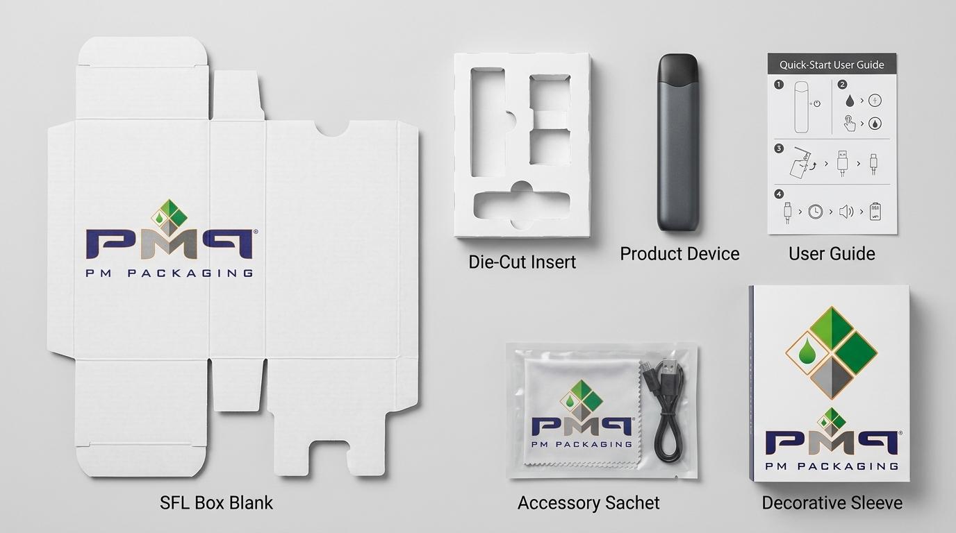 Knolling studio view of complete launch packaging bill of materials including SFL blank, insert, device, guide, sample, and sleeve