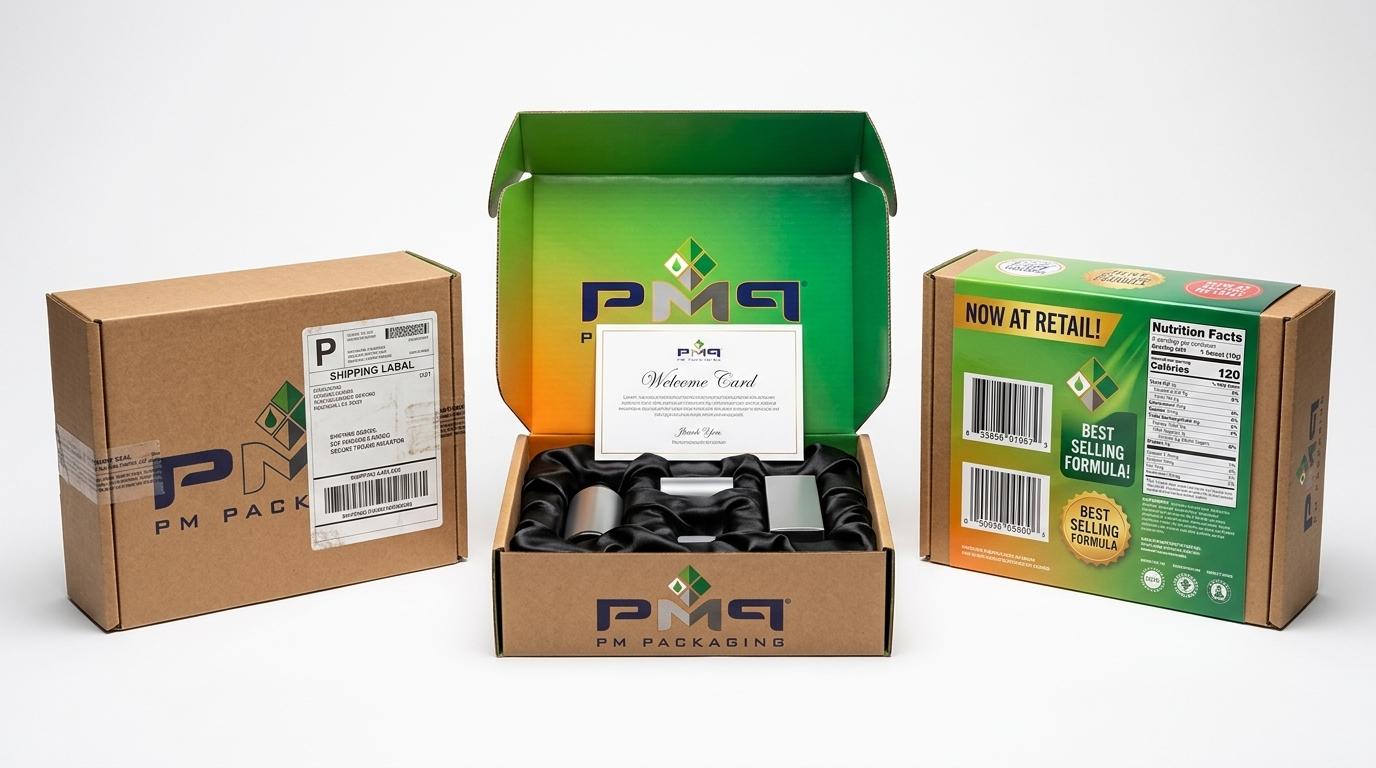 Three launch packaging editions sharing a common SFL footprint: E-commerce parcel, Influencer PR kit, and Retail sleeved carton
