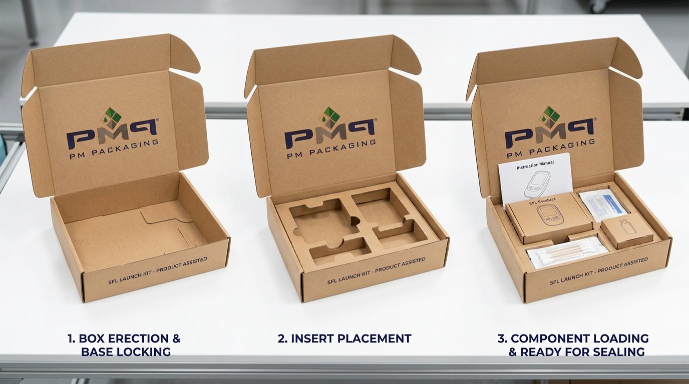 Sequential packaging demonstration showing step 1 box erection, step 2 insert placement, and step 3 component loading