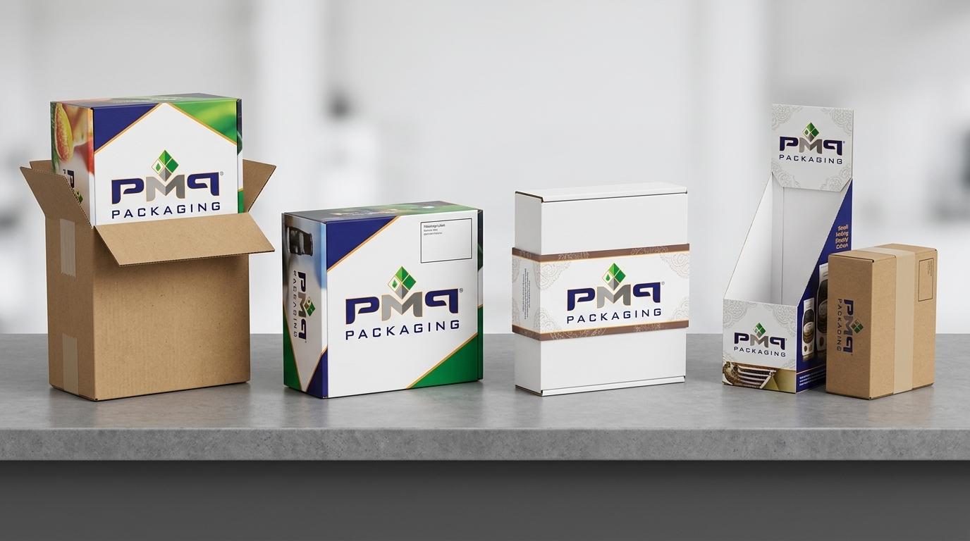 Studio lineup of four omnichannel SFL packaging architectures showing retail cartons, direct-ship mailers, and protective shippers