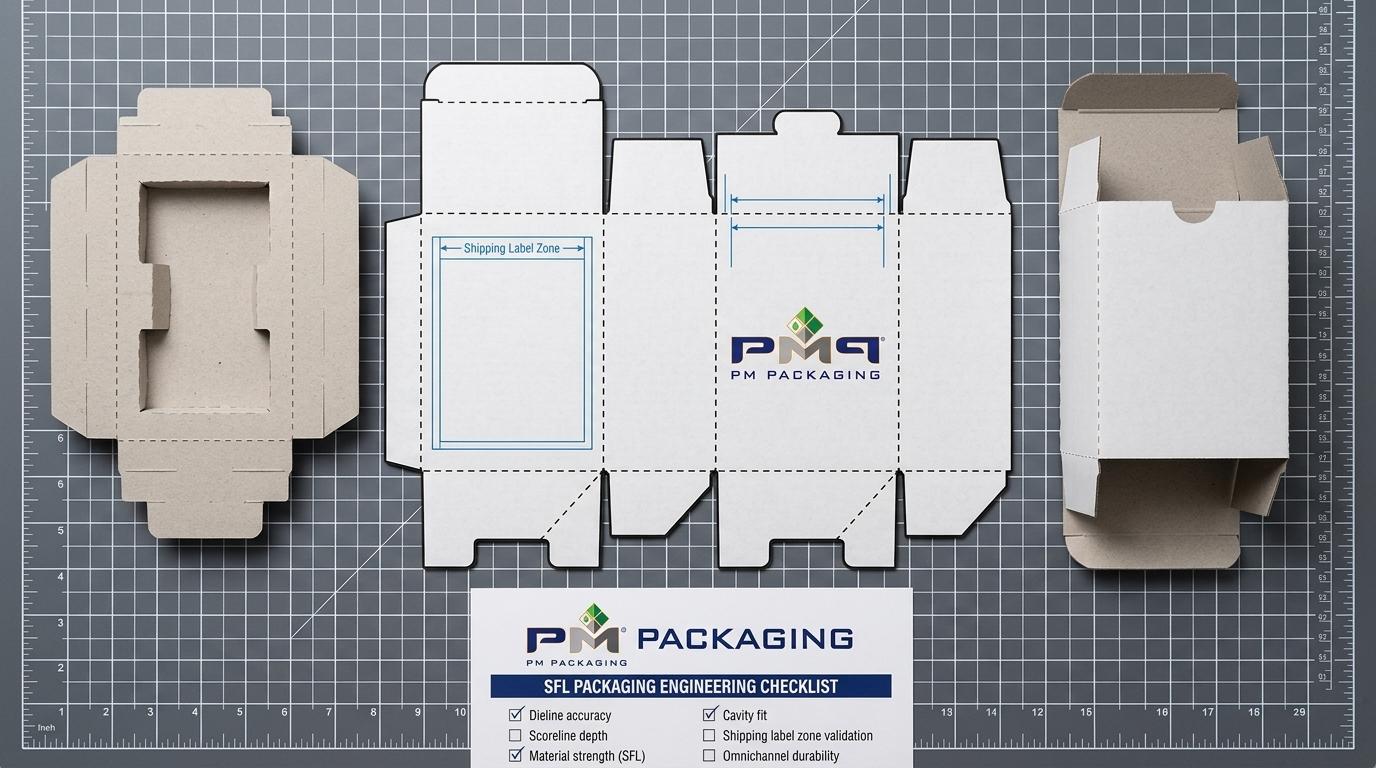 Technical overhead knolling of SFL dieline blueprint, label zone specifications, and cavity insert prototypes