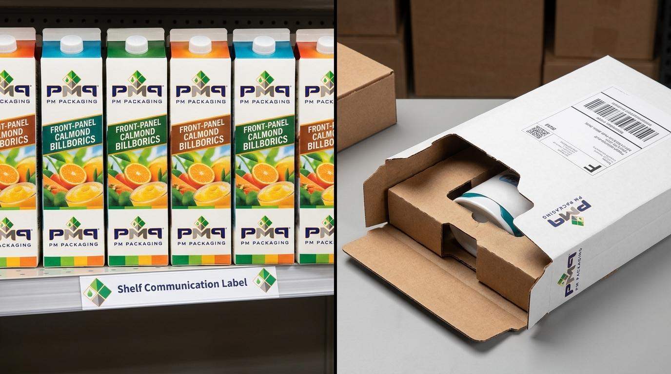 Visual comparison of retail shelf merchandising versus e-commerce direct-ship parcel distribution