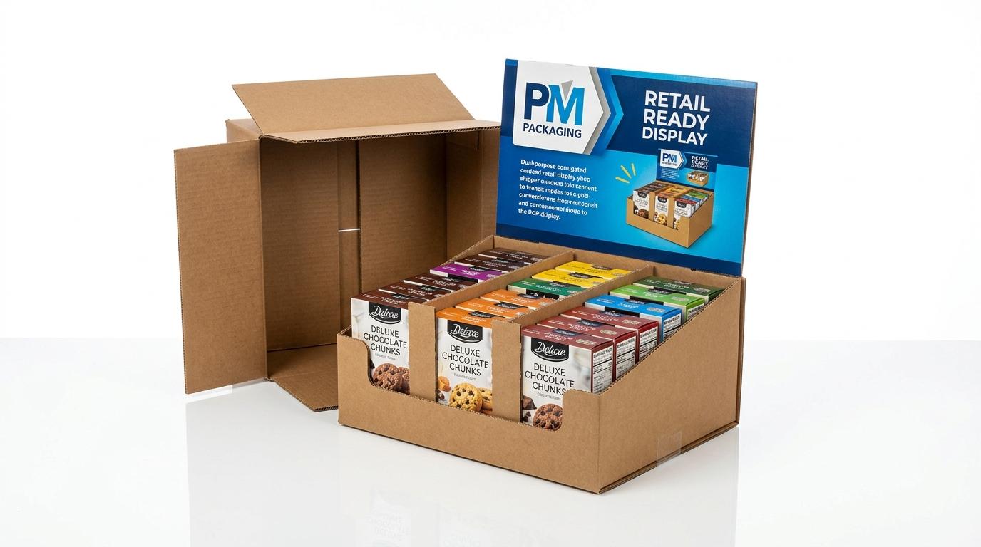 Hybrid corrugated display shipper with fold-back protective flaps converting into an upright point-of-purchase retail header
