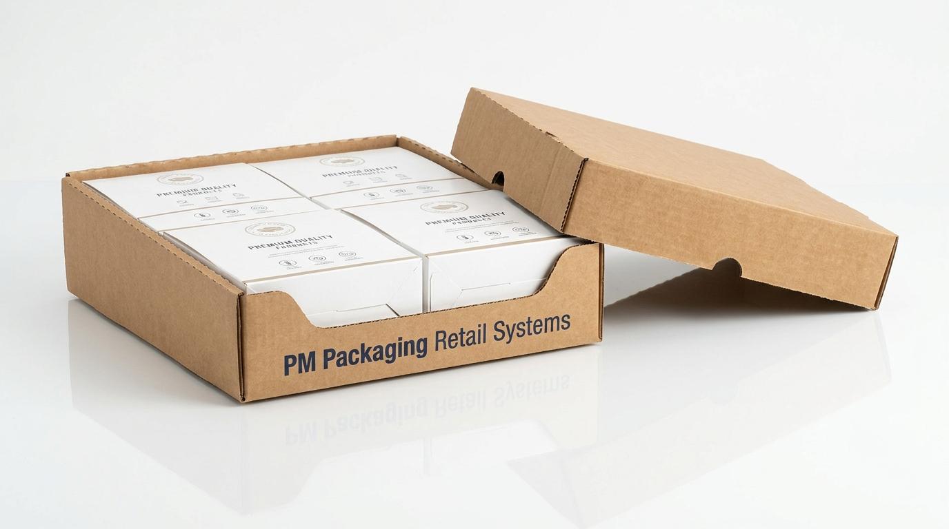 Two-piece shelf-ready tray and protective shipping hood showing blade-free separation and low front retaining lip
