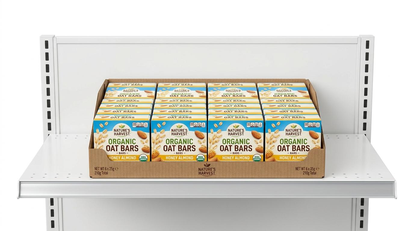 Shelf-ready tray holding two facings of retail folding cartons resting on a modular gondola retail shelf