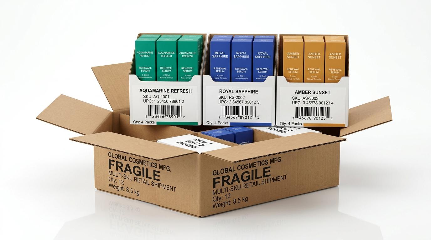 Three color-coded inner packs organizing different product SKUs in front of a shared master case