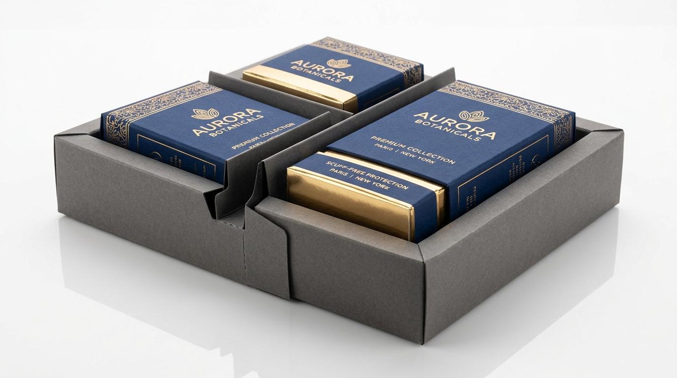 Macro detail of luxury foil-stamped cartons secured in a die-cut paperboard partition inner sleeve