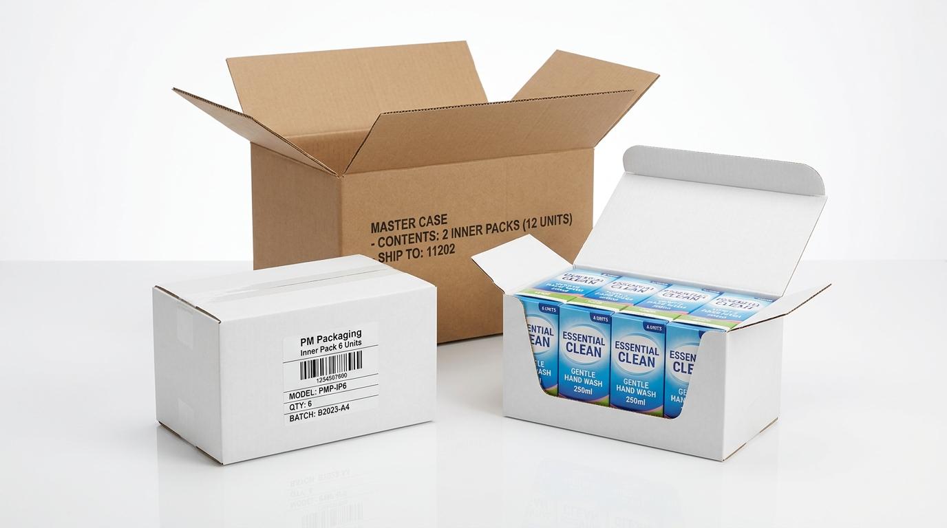 Partial-case distribution setup showing open master shipper and labeled six-count inner packs