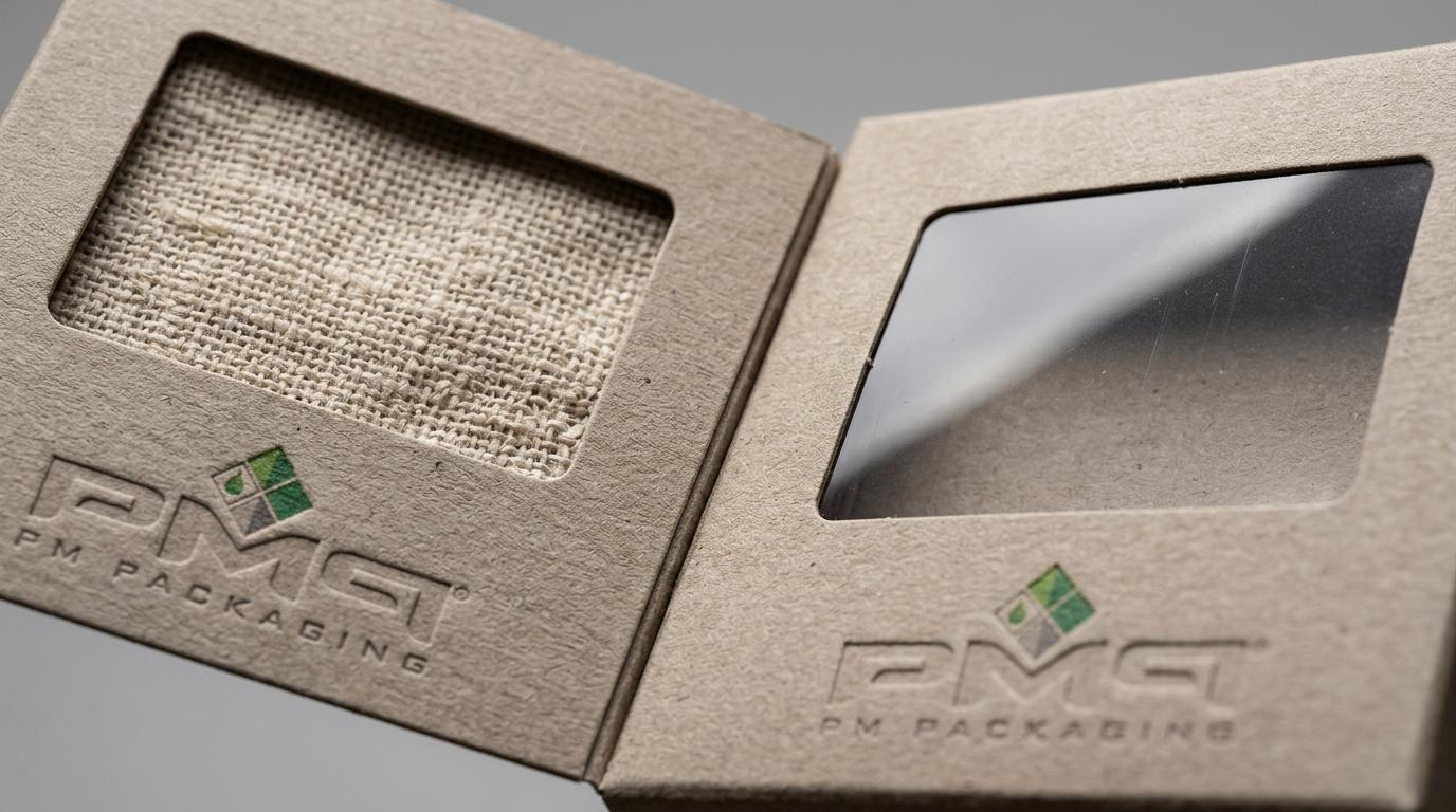 Macro studio photograph contrasting an open die-cut window with a clear transparent film-patched window on folding paperboard