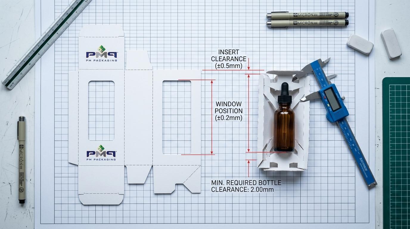 Overhead technical studio knolling of folding carton dieline blank, internal retention insert, product bottle, and tolerance stack dimension lines