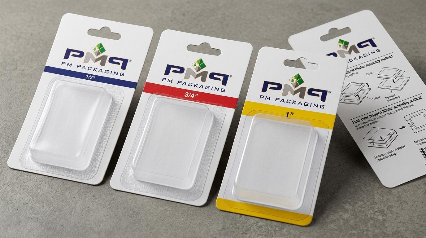 Commercial SBS blister cards with precision Sombrero hang tabs, empty clear RPET blister cavities, and official PM Packaging branding