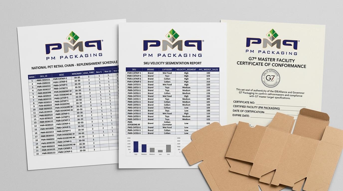 National pet retail chain replenishment schedule, SKU velocity segmentation report, and G7 Master print consistency certificate with PM Packaging logo
