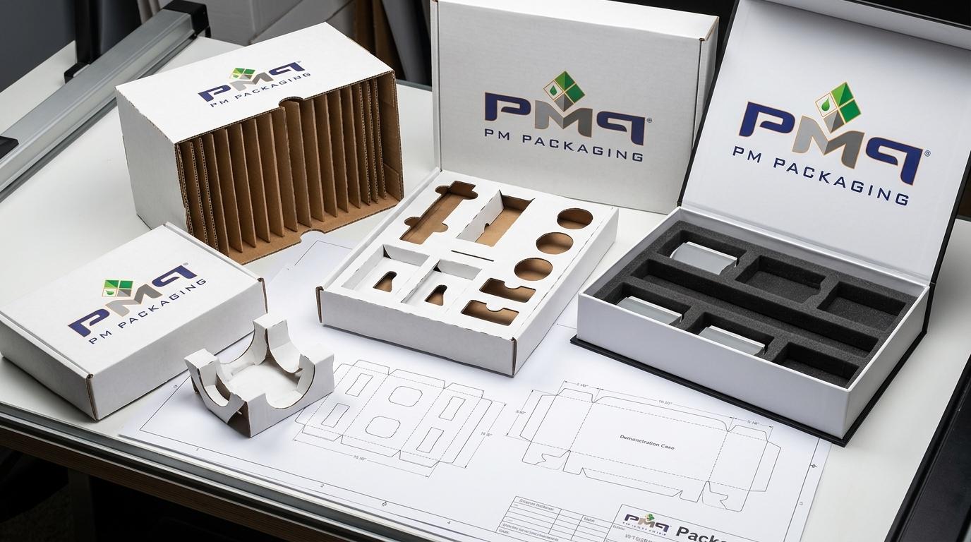 Commercial and architectural LED lighting packaging structural components showing folded corrugated air-cell endcap inserts, precision die-cut cushioning saddles, multi-tier specifier case, and CAD dielines with PM Packaging branding