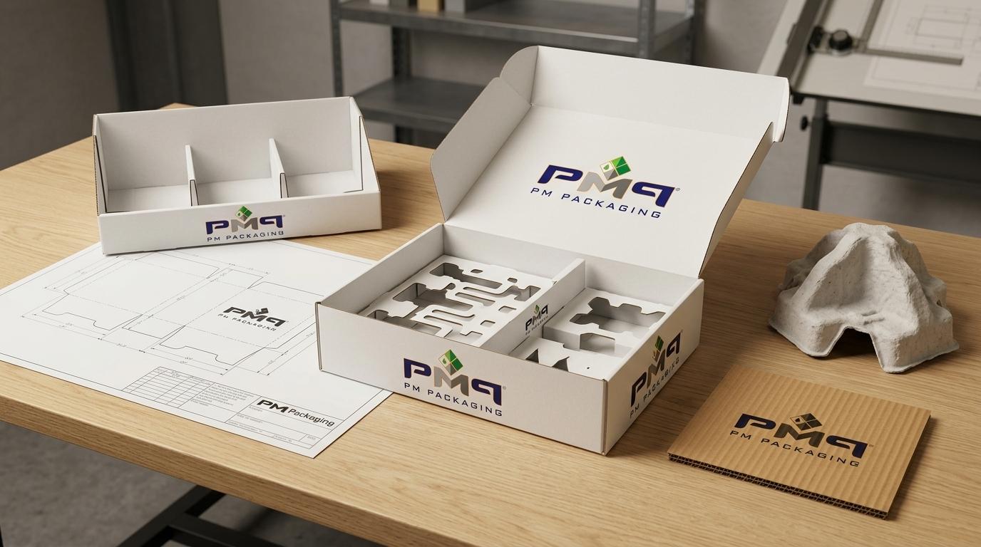 Commercial packaging engineering structures for countertop kitchen appliances showing folding carton unboxing kit, precision molded pulp suspension insert, structural PDQ display tray, and CAD dielines with PM Packaging branding