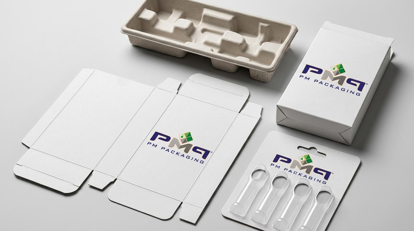 CAD dieline paperboard folding carton blank alongside a molded pulp suspension insert and empty trapped blister card featuring PM Packaging branding