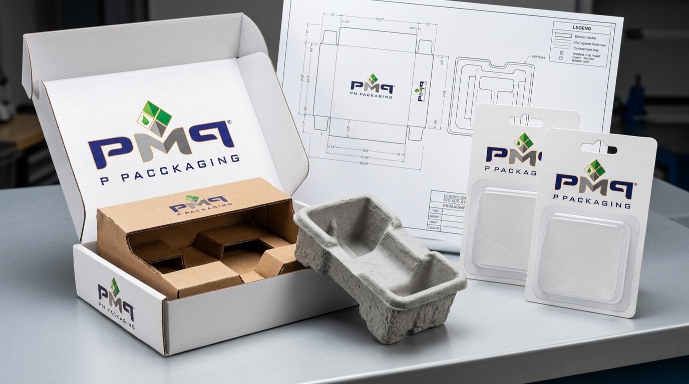 Commercial packaging engineering components for EV hardware showing SFL carton with origami corrugated cable insert, molded pulp cradle, trapped blister cards, and CAD blueprints with PM Packaging branding