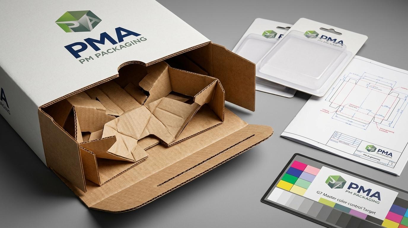 Heavy-duty SFL power equipment carton with engineered origami corrugated cushioning insert, trapped blister cards, and technical CAD dieline blueprint featuring PM Packaging logo