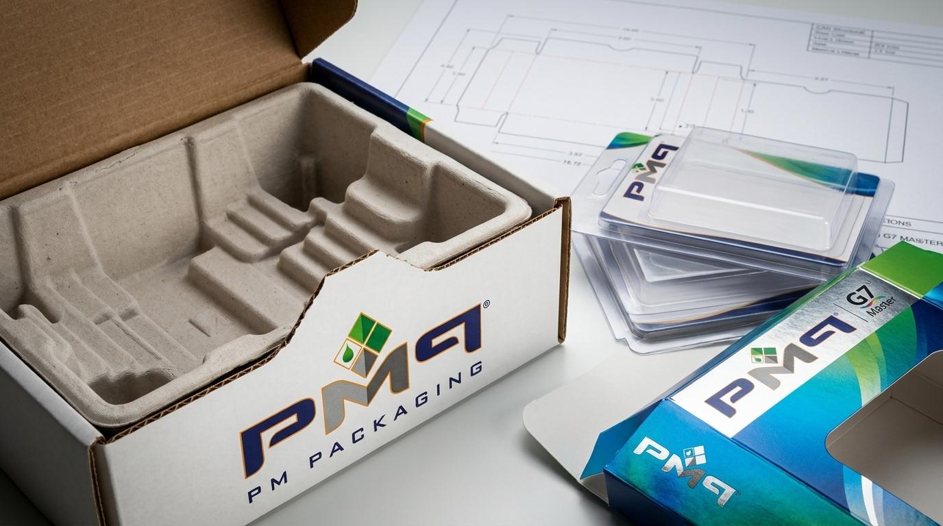 High-end studio detail of commercial marine electronics packaging engineering structures featuring SFL fluted box, molded pulp inserts, trapped blister card, and official PM Packaging logo