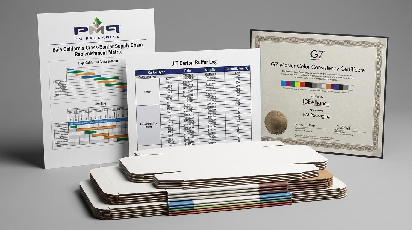 Baja California cross-border supply chain replenishment matrix, JIT carton buffer log, and G7 Master color consistency certificate with PM Packaging logo