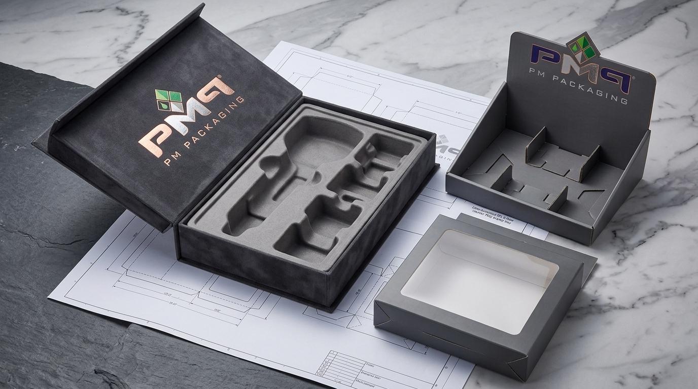 Commercial packaging engineering structures for professional salon styling tools and barber equipment showing luxury book-style rigid setup box with molded pulp insert, litho-laminated SFL counter PDQ display tray, 5th-panel window carton, and CAD dielines with PM Packaging branding