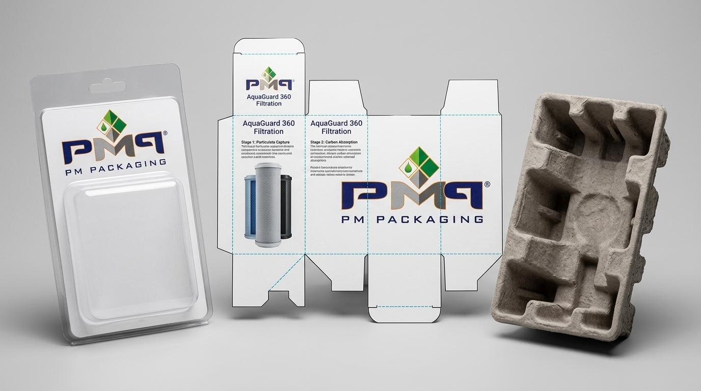 CAD dieline folding carton blank alongside a molded pulp suspension insert and empty blister card featuring PM Packaging branding