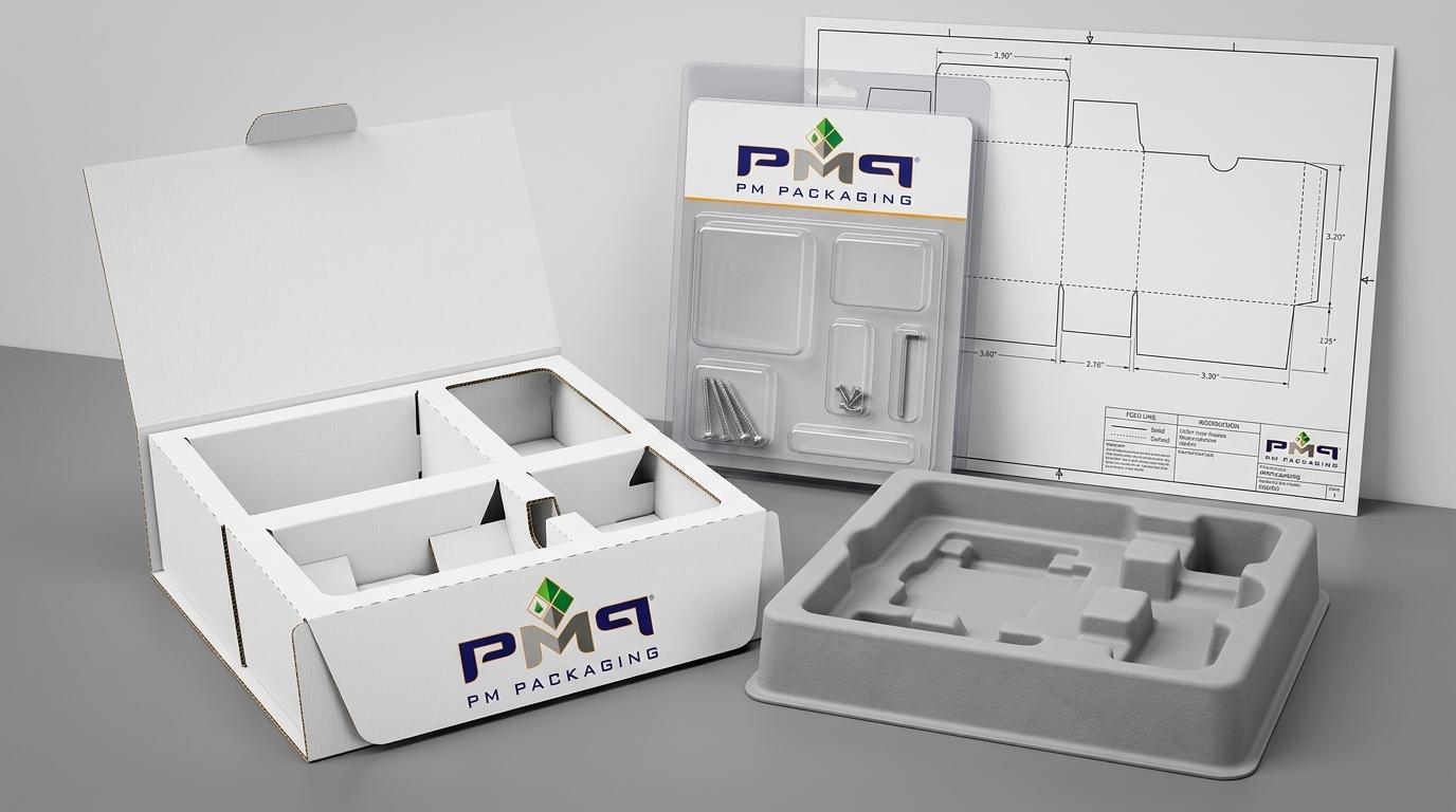 Commercial packaging engineering components for smart security hardware showing folding paperboard kitting tray, molded fiber insert, blister card, and CAD dielines with PM Packaging branding