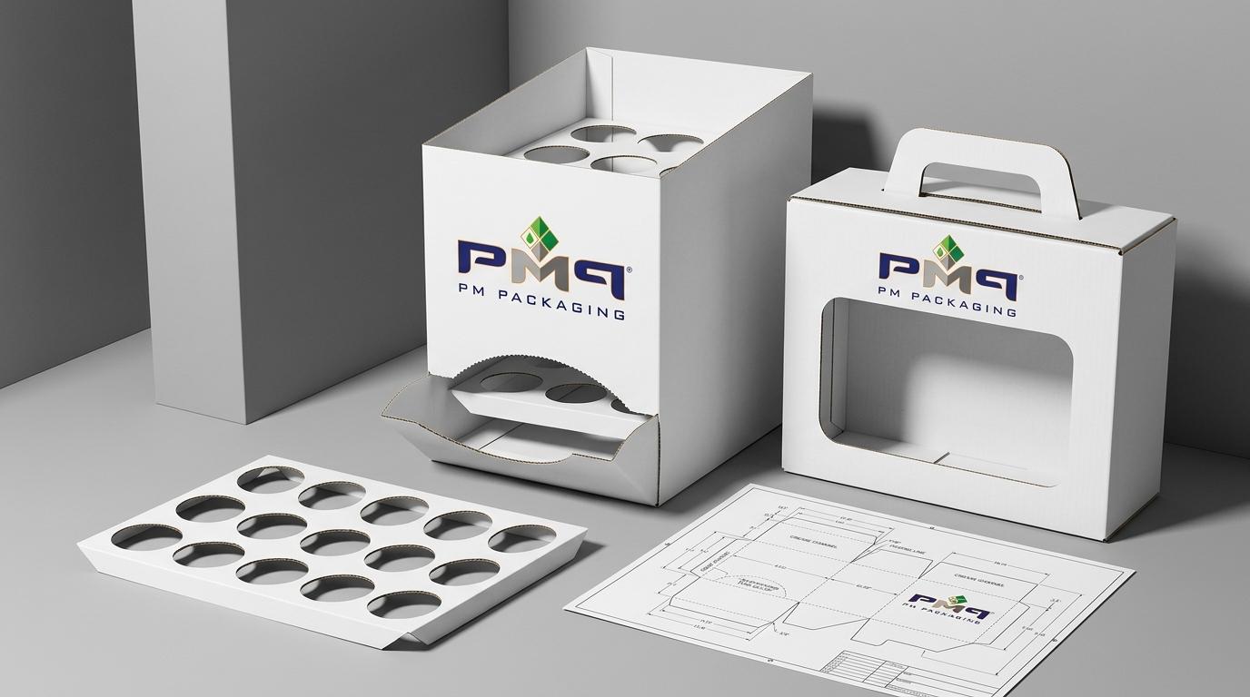 Commercial packaging engineering structures for specialty coffee pod multipacks showing gravity-feed dispenser carton with micro-perforated tear-out arc, precision die-cut internal pod divider tray insert, SFL briefcase multipack carton with carry handle, and architectural CAD dieline blueprints featuring PM Packaging branding